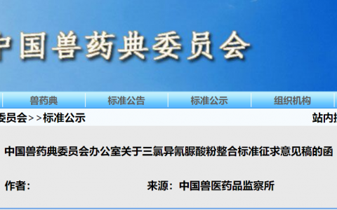 中国兽药典委员会发布三氯异氰脲酸粉整合标准征求意见